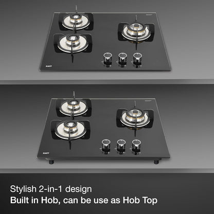 KAFF Built-in Hob/Hobtop 3 Burners with Auto Electric Ignition Glass Top, 60 CM, Brass Burners, Matt Enameled Pan Support, 8 MM Thick Toughened Glass (Black) | VRH 603