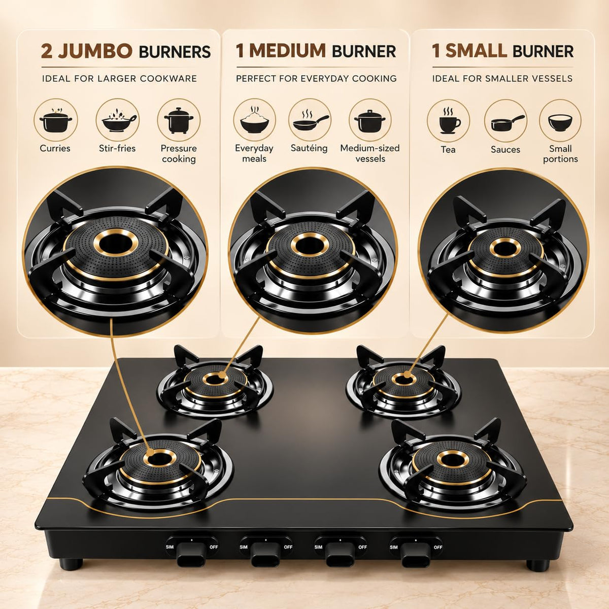 Faber 4 Burner 69cm Cooktop| 2 Jumbo + 1 Medium + 1 small Brass Burners| Designer Matt Black Glass Finish|ABS Knobs|5 Yr