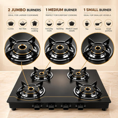 Faber 4 Burner 69cm Cooktop| 2 Jumbo + 1 Medium + 1 small Brass Burners| Designer Matt Black Glass Finish|ABS Knobs|5 Yr