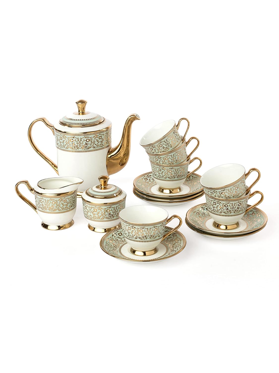 Clay Craft Fine Ceramic Golden Print Tea Set of 15 (1 Tea Pot with Lid +6 Cups+6 Saucers +1 Milk Pot + 1 Sugar Pot)