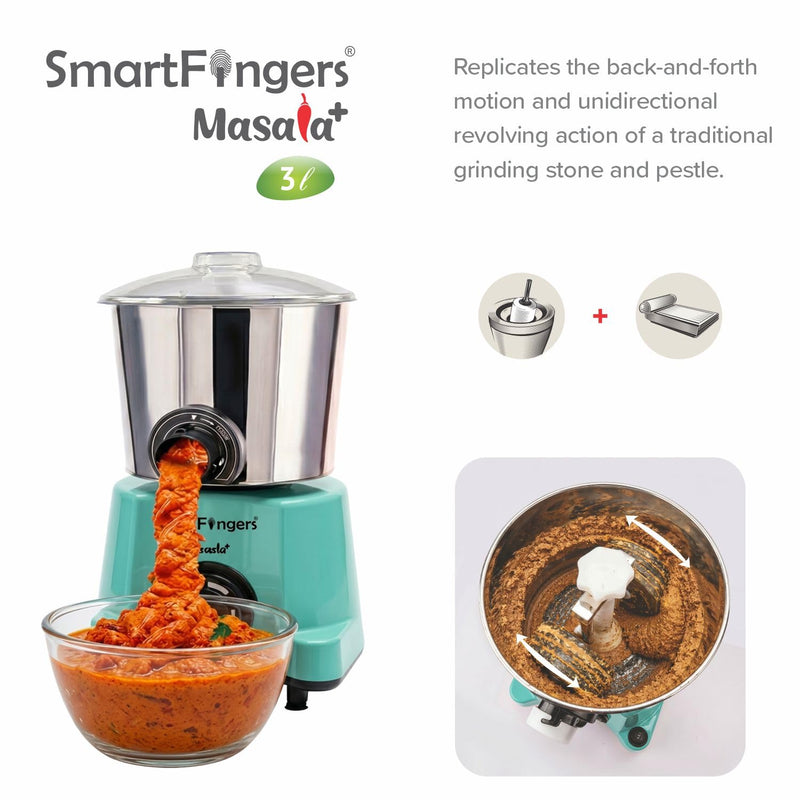 SmartFingers Masala + Table Top Wet Grinder 230V, 3 Liter, Green with Coconut Scrapper & Atta Kneader Attachment | Hands-Free Batter Dispenser | Top Wiper, 220W Motor | 5 Years Warranty | AISI 304