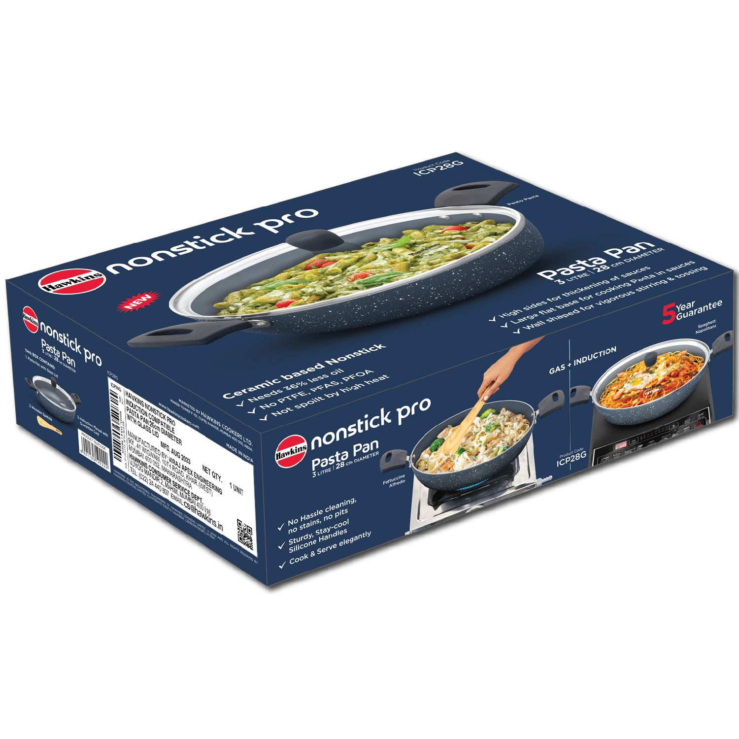 Hawkins Nonstick Induction Pasta Pan, 26 cm Diameter, Granite Fry Pan, Blue (ICP26G)