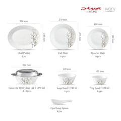 La Opala Diva, Ivory Collection, Opal Glass Dinner Set 35 pcs, Golden Fall, White