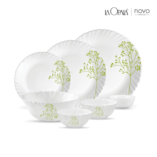 La Opala Novo Collection Opal Glass Crockery | for Family of 6 | Dinner Set 29 pcs Trinty Green | Plates & Bowls for Dining | Microwave Safe | 100% Vegetarian | Extra Strong | Light & White