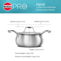 Hawkins Pro 2 Litre Handi with Lid, Triply Stainless Steel Sauce Pan for Cooking and Serving Biriyani, Silver (PSH20S)