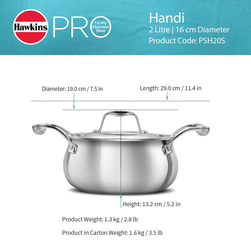 Hawkins Pro 2 Litre Handi with Lid, Triply Stainless Steel Sauce Pan for Cooking and Serving Biriyani, Silver (PSH20S)