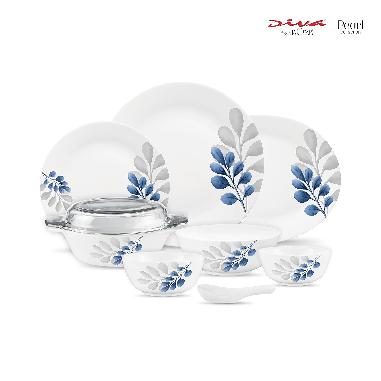 Diva by La Opala, Pearl Collection, Opal Glass Dinner Set 47 pcs, Indigo Bliss, White