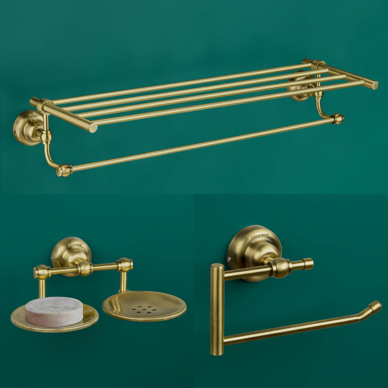 Plantex 304 Grade Stainless Steel Bathroom Accessories Set of 3 - Towel Stand/Napking Hanger/Dual Soap Holder for Bathroom - Skyllo (Brass Antique)-1