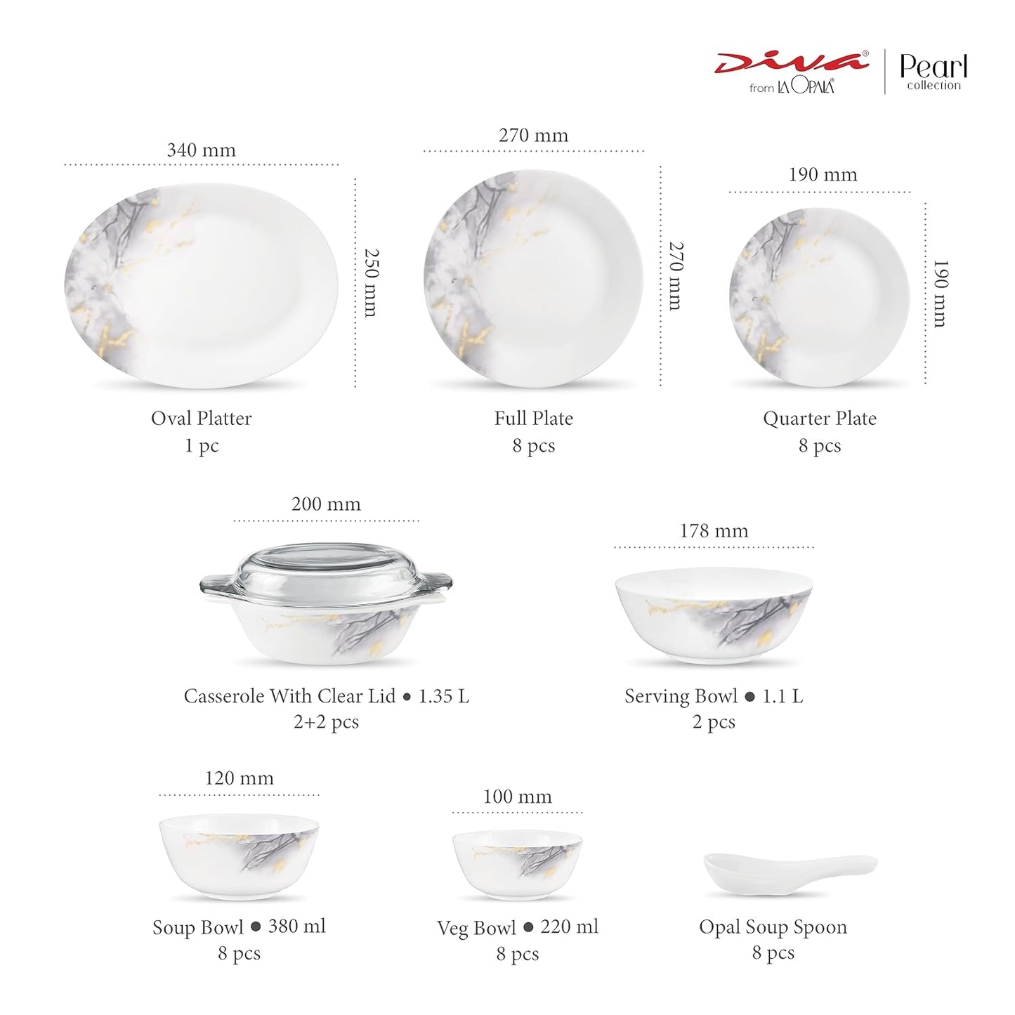 Diva by La Opala, Pearl Collection, Opal Glass Dinner Set 47 pcs, Twilight Clouds, White