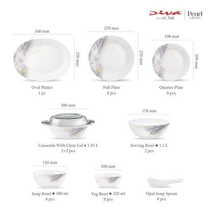 Diva by La Opala, Pearl Collection, Opal Glass Dinner Set 47 pcs, Twilight Clouds, White