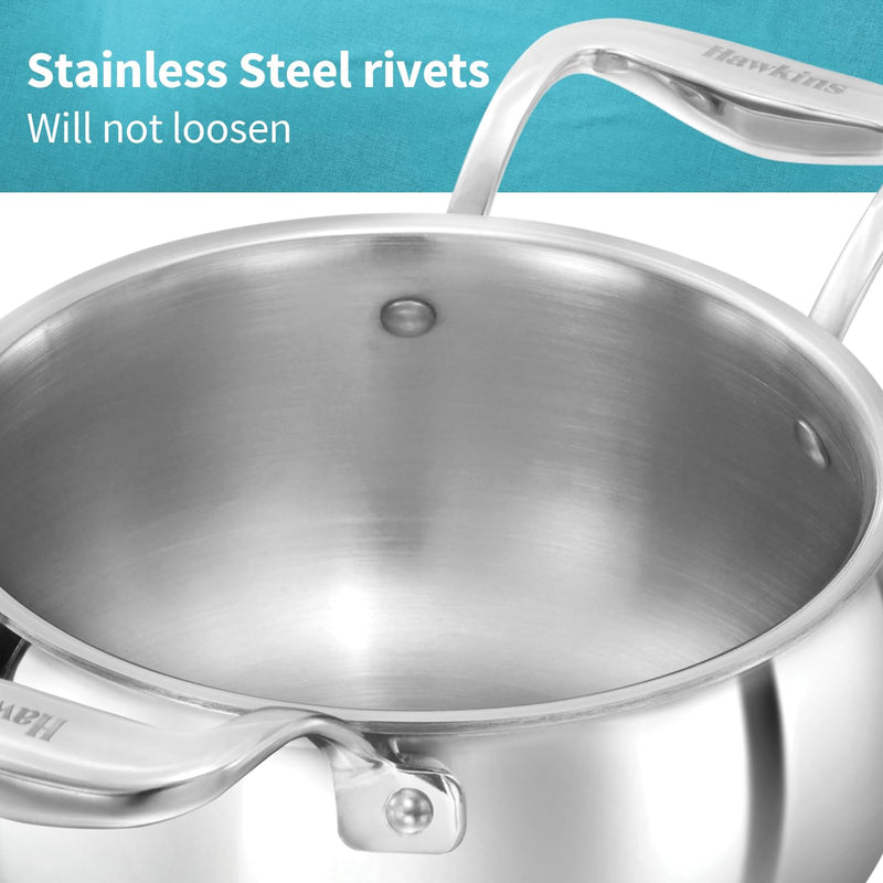 Hawkins Pro 2 Litre Handi with Lid, Triply Stainless Steel Sauce Pan for Cooking and Serving Biriyani, Silver (PSH20S)