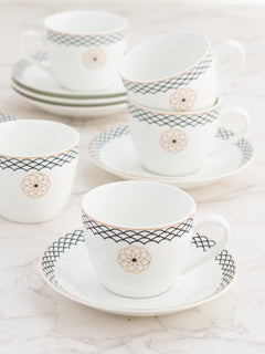 Clay Craft Fine Ceramic Cream Series Cup & Saucer Set for Tea/Coffee of 12 (6 Cups + 6 Saucers) - 180 ml Each (Golden Lines)