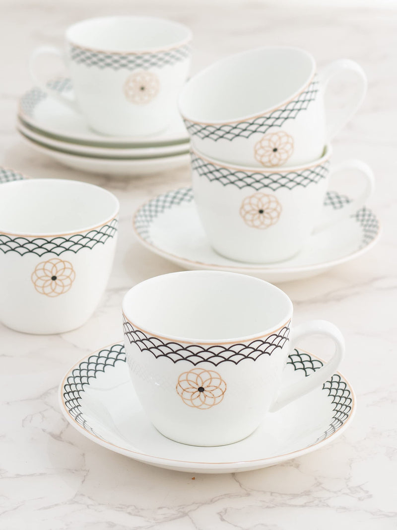 Clay Craft Fine Ceramic Cream Series Cup & Saucer Set for Tea/Coffee of 12 (6 Cups + 6 Saucers) - 180 ml Each (Golden Lines)