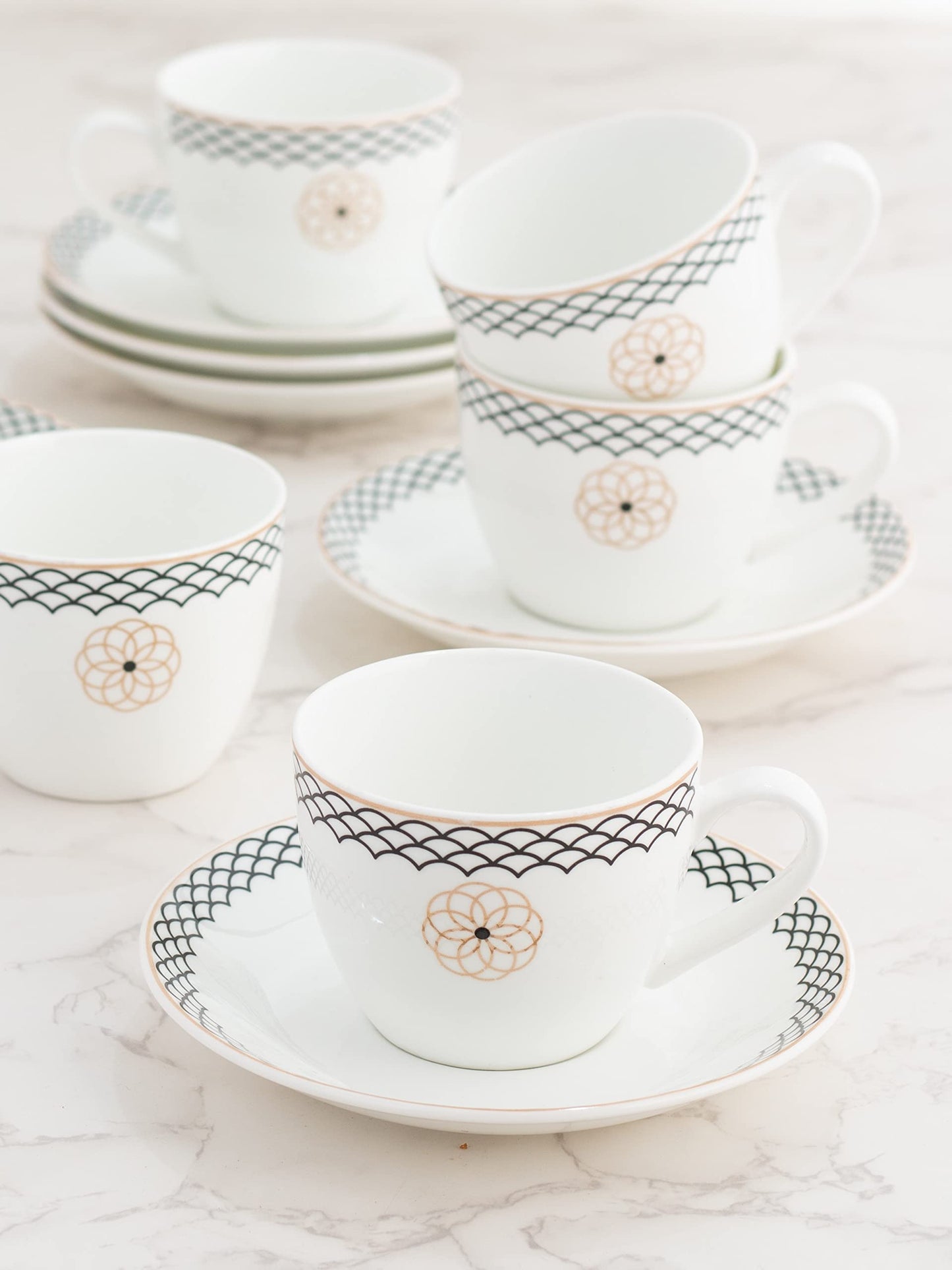 Clay Craft Fine Ceramic Cream Series Cup & Saucer Set for Tea/Coffee of 12 (6 Cups + 6 Saucers) - 180 ml Each (Black Circles)