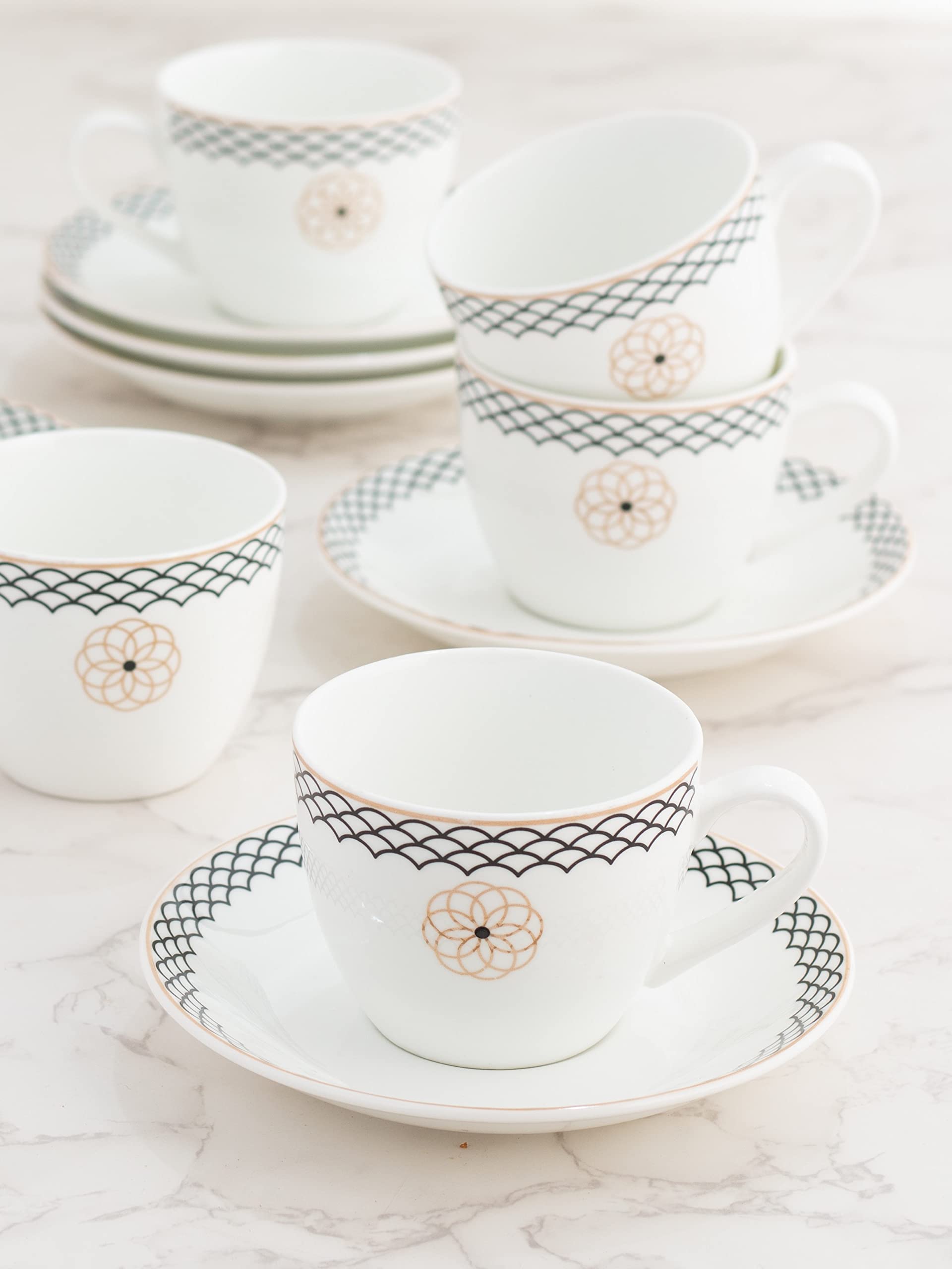 Clay Craft Fine Ceramic Cream Series Cup & Saucer Set for Tea/Coffee of 12 (6 Cups + 6 Saucers) - 180 ml Each (Black Circles)