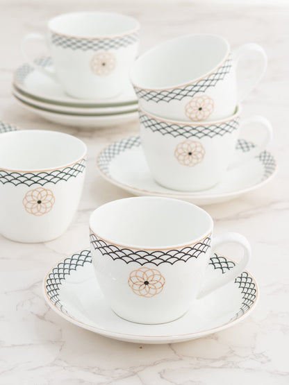 Clay Craft Fine Ceramic Cream Series Cup & Saucer Set for Tea/Coffee of 12 (6 Cups + 6 Saucers) - 180 ml Each (Black Circles)