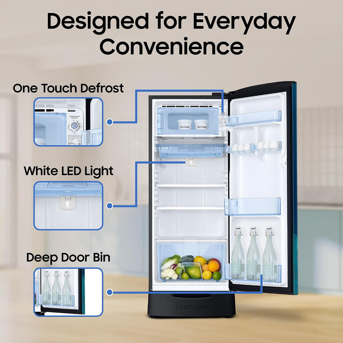 Samsung 183 L, 4 Star, Digital Inverter, Direct-Cool Single Door Refrigerator (RR20H28249U/NL, Paradise Bloom Blue, Base Stand Drawer, Single Touch)-6