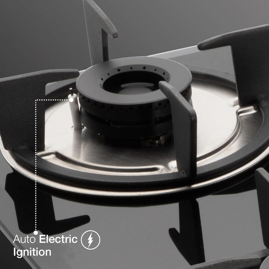 KAFF 3 Burners Built-in Hob & Hobtop For Modular kitchen -8 MM|Auto Electric Ignition Glass Top| Full Brass Burner| Enamelled Matt Finish, Easy Grip Knobs, Toughened Glass (Black,80CM) | FBB 603 |