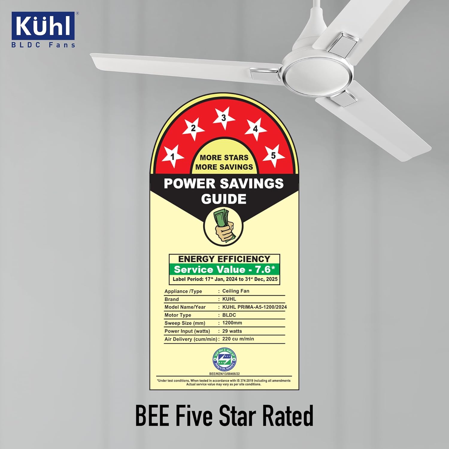 KUHL Prima A5 1200Mm Bldc Ceiling Fan With Remote | Inr 300 Off On Exchange | 5 Star Rated | High Airflow | Saves Up To 65% Electricity | 5-Year Warranty | White
