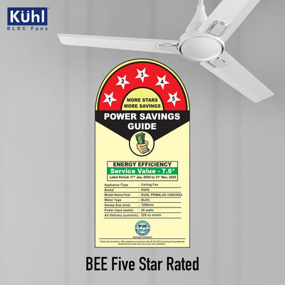 KUHL Prima A5 1200Mm Bldc Ceiling Fan With Remote | Inr 300 Off On Exchange | 5 Star Rated | High Airflow | Saves Up To 65% Electricity | 5-Year Warranty | White