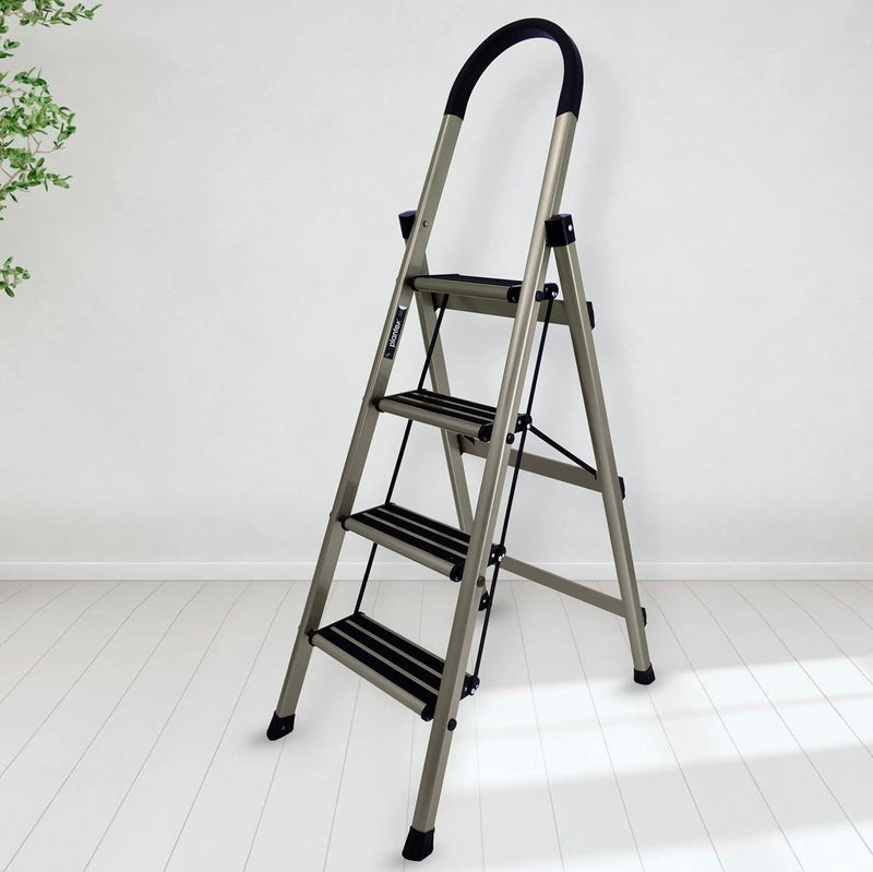 Plantex Guardex 4 Step Foldable Aluminum Ladder for Home/Ladder with Anti-Slip Shoes and Edge Guards/5 Year Manufacturer Warranty (Anodize Coated-Gold)