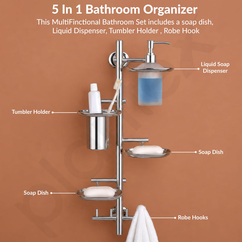 Plantex J4 Stainless Steel 5in1 Bathroom Set/Soap Holder for Bathroom Wall/Soap Dispenser Set/Toothbrush Holder/Robe Hook for Bathroom/Bathroom Accessories- Pack of 1 (Chrome)-5