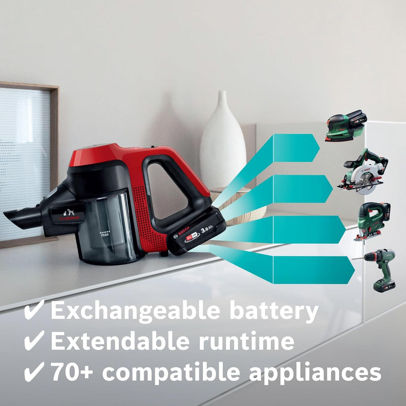 Bosch Unlimited 7 ProAnimal, Cordless Vacuum Cleaner with Rechargeable 3.0 Ah Battery and FlexTube, LED Lighting, 10 Year Motor Warranty, in Tornado Red