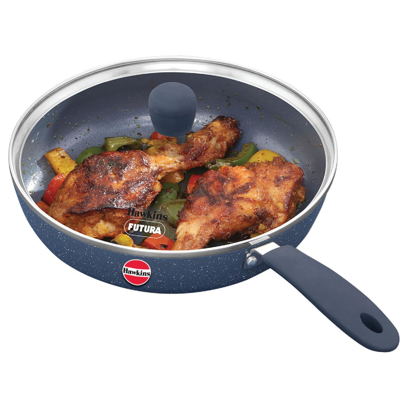 Hawkins Ceramic Nonstick Frying Pan, 24 cm Diameter, Induction Fry Pan with Glass Lid, Granite Omlette Egg Pan, Fish Pan, Blue (ICF24G)