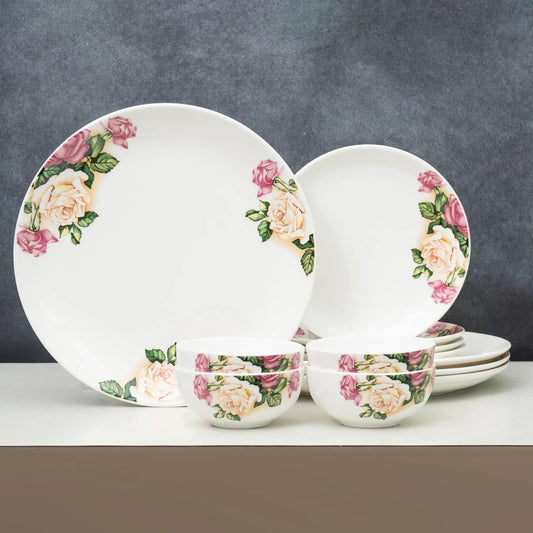 Clay Craft Printed Fine Ceramic Eco Dinner Set, Enchanting Gold, for Family of 4, Dinner Set Ceramic, Crockery Set, Dining Set for Dinner, Crockery Set for Gift, Kitchen Set (ECO5, 12 Pieces)