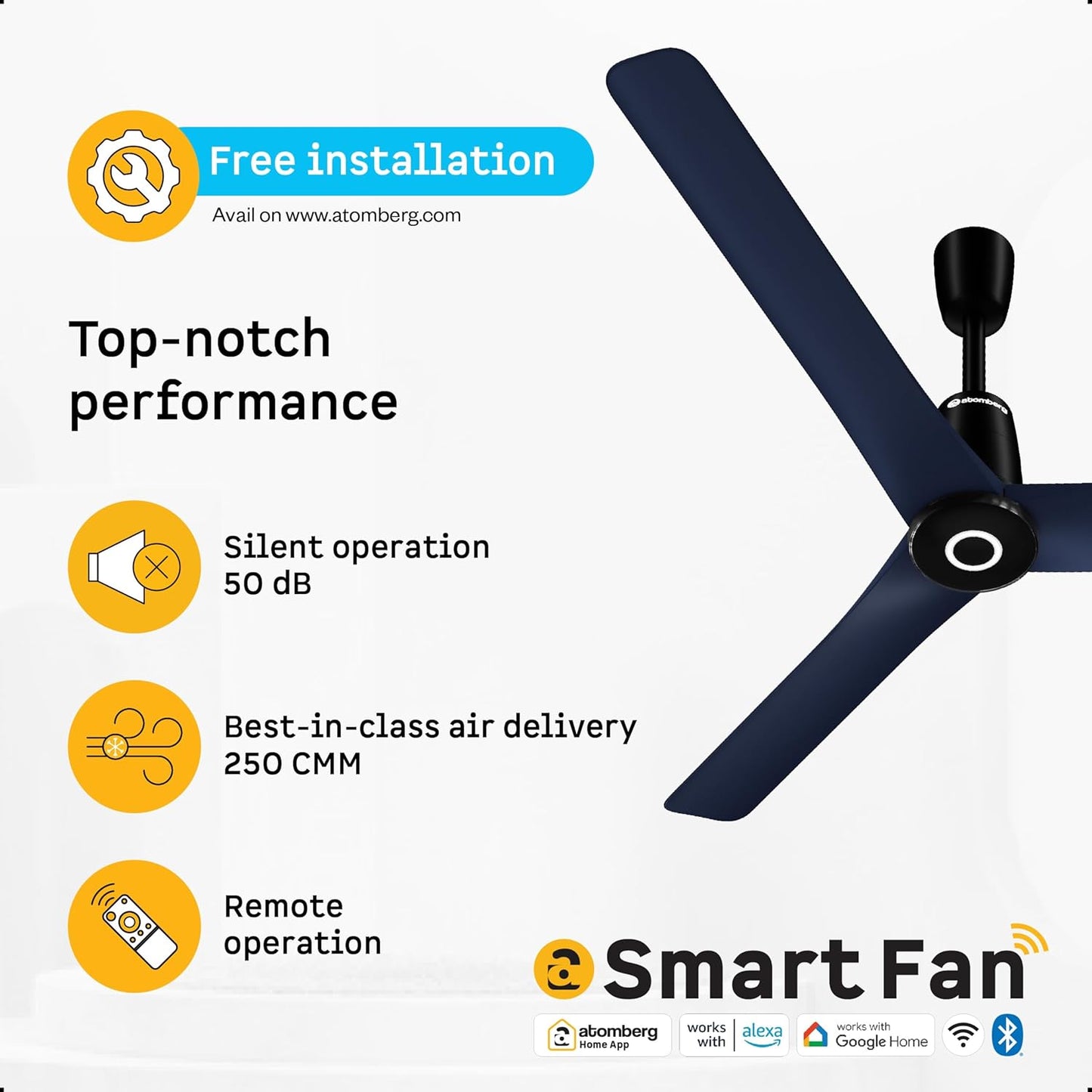 atomberg Aris Contour Smart 1200mm Voice Controlled BLDC Ceiling Fan with Remote | BEE 5 star | Best-in-class Air Flow | Silent Operation| Designer Fan | Free Installation | 5 Year Warranty |Ritz Blue