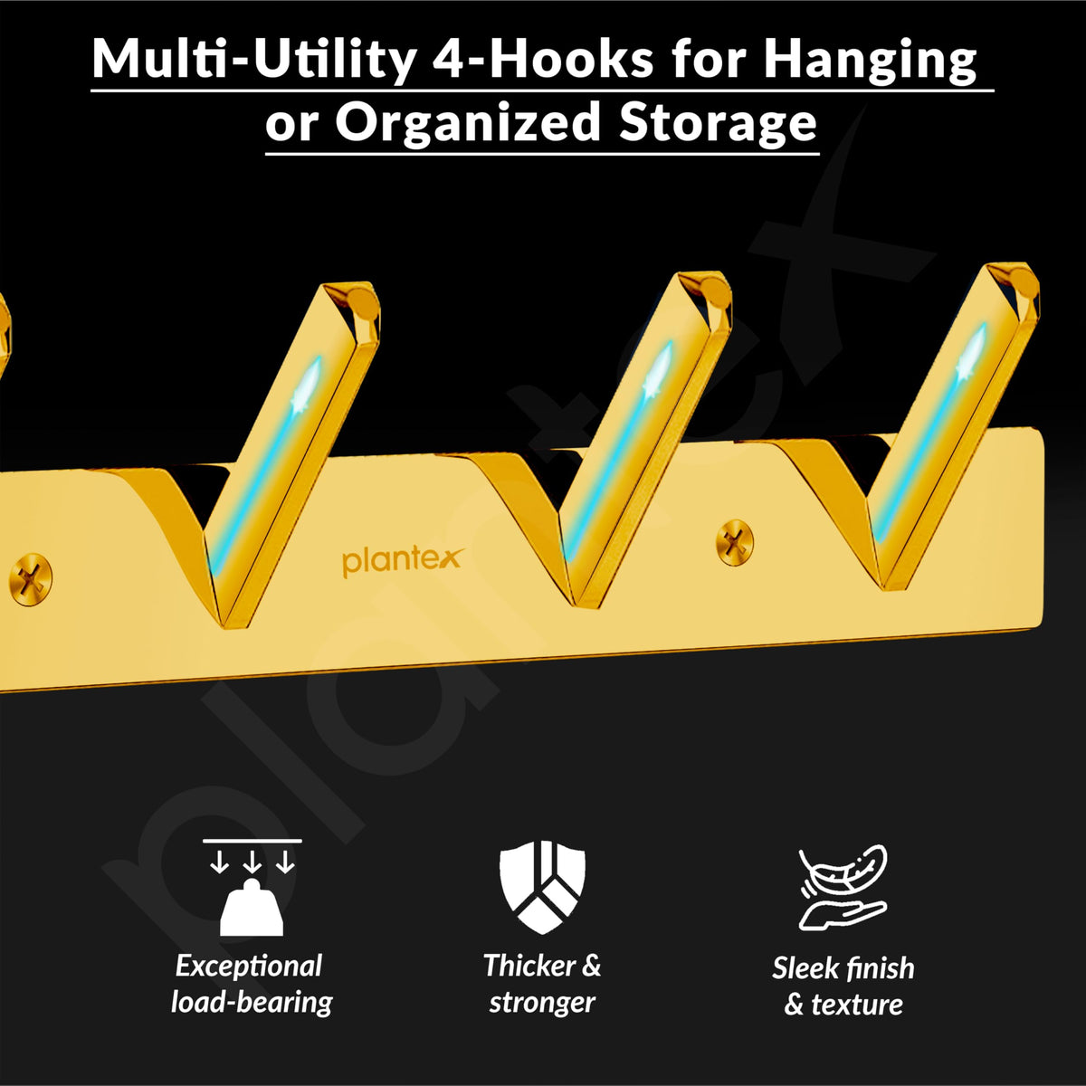 Plantex Wall Hooks for Hanging Cloth/Stainless Steel Towel Hangers/Bathroom Robe Hooks/Door Hangers/Square Wall Hook/Hook Rail for Hanging Keys - 4 Hooks (Pack of 3, PVD Gold)-4