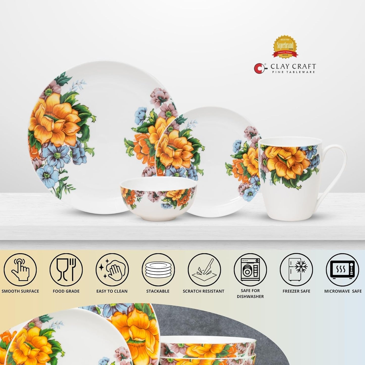 Clay Craft Fine Ceramic Eco4 Dinner Set (Set of 16), for Family of 4, Dinner Set Ceramic, Crockery Set, Dining Set for Dinner, Crockery Set for Gift, Kitchen Set for Home, Daily Use Crockery Set