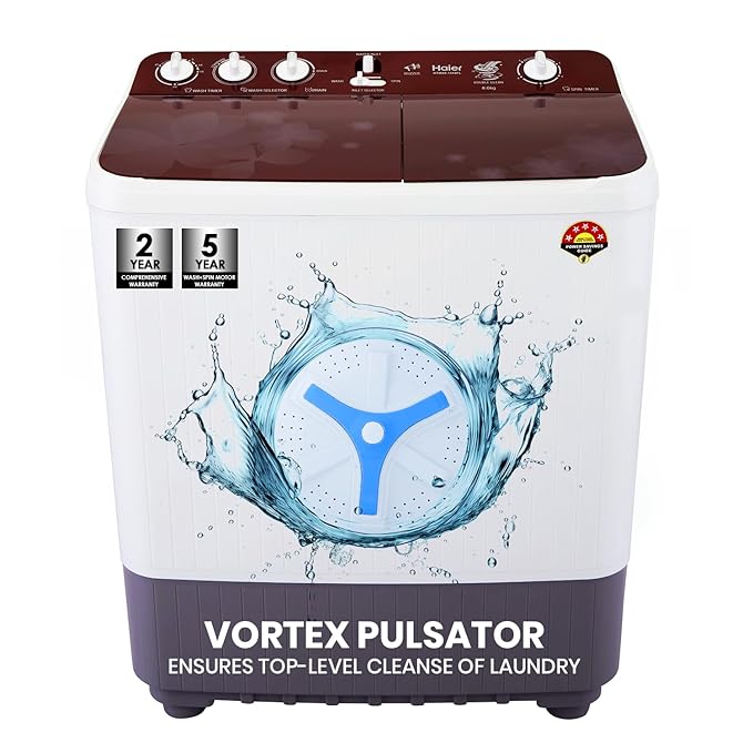 Haier 8 Kg 5 Star Toughened Gas Softfall Technology Semi Automatic Top Loading Washing Machine (HTW80-1169FL, Anti Bacterial Vortex Pulsator, Magic Filter, Rat Mesh, Maroon, White)