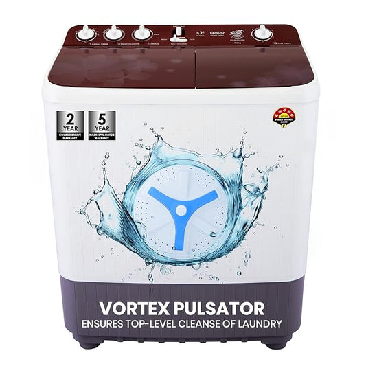 Haier 8 Kg 5 Star Toughened Gas Softfall Technology Semi Automatic Top Loading Washing Machine (HTW80-1169FL, Anti Bacterial Vortex Pulsator, Magic Filter, Rat Mesh, Maroon, White)