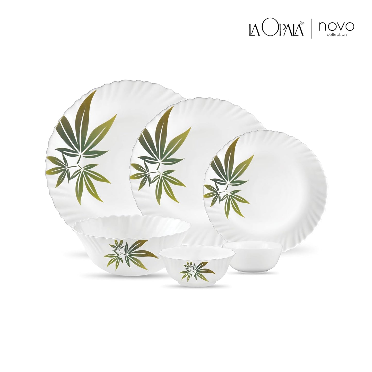 La Opala Novo Collection Opal Glass Crockery | for Family of 6 | Dinner Set 23 pcs Trinty Green | Plates & Bowls for Dining | Microwave Safe | 100% Vegetarian | Extra Strong | Light & White