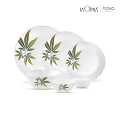 La Opala Novo Collection Opal Glass Crockery | for Family of 6 | Dinner Set 23 pcs Trinty Green | Plates & Bowls for Dining | Microwave Safe | 100% Vegetarian | Extra Strong | Light & White