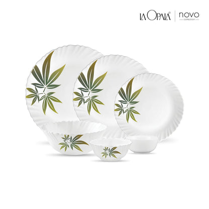 La Opala Novo Collection Opal Glass Crockery | for Family of 6 | Dinner Set 23 pcs Trinty Green | Plates & Bowls for Dining | Microwave Safe | 100% Vegetarian | Extra Strong | Light & White