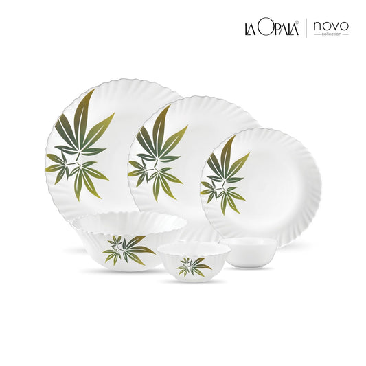 La Opala Novo Collection Opal Glass Crockery | for Family of 6 | Dinner Set 23 pcs Trinty Green | Plates & Bowls for Dining | Microwave Safe | 100% Vegetarian | Extra Strong | Light & White