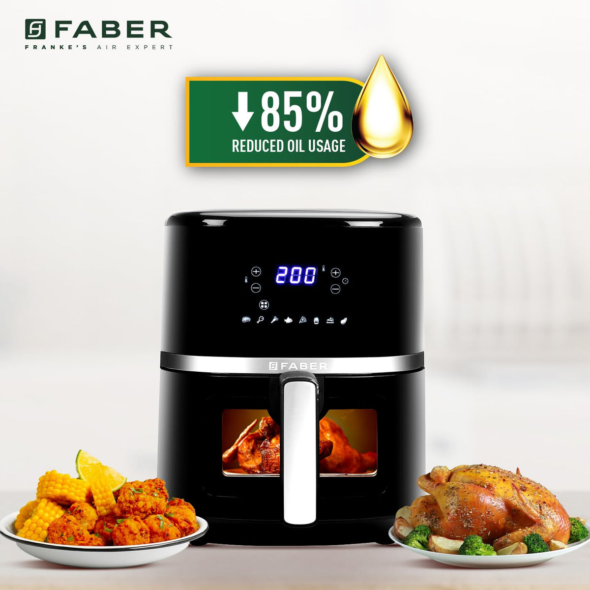 Faber 6L 1500W Digital Air Fryer | Fry, Bake, Roast, Toast, Defrost, Grill & Reheat | 85% Less Oil, 360° Air Cooking | 8