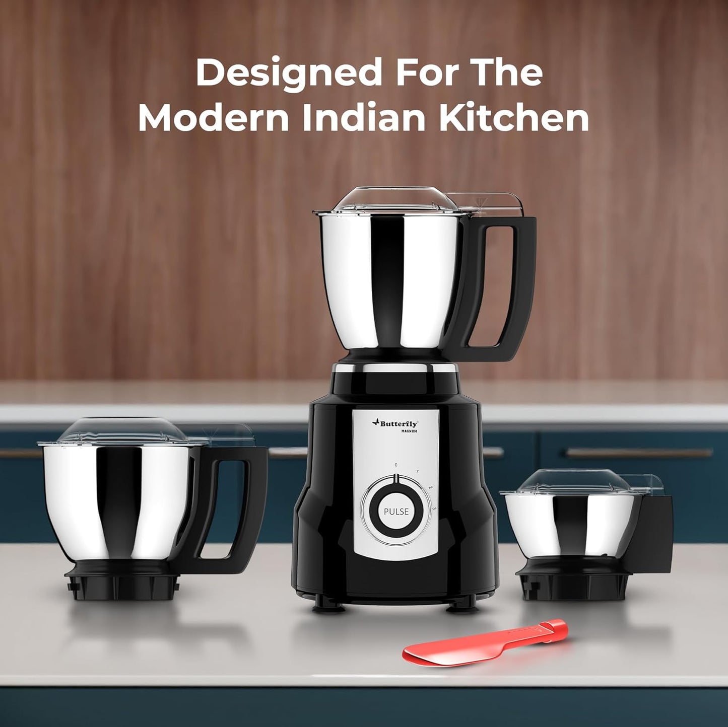 Butterfly Magnum 1.2 HP Mixer Grinder 3 Jar | 100% Copper Motor | 3 Stainless Steel Multipurpose Jars | ABS Body | Handsfree Operation | Lifetime Motor Warranty| Black