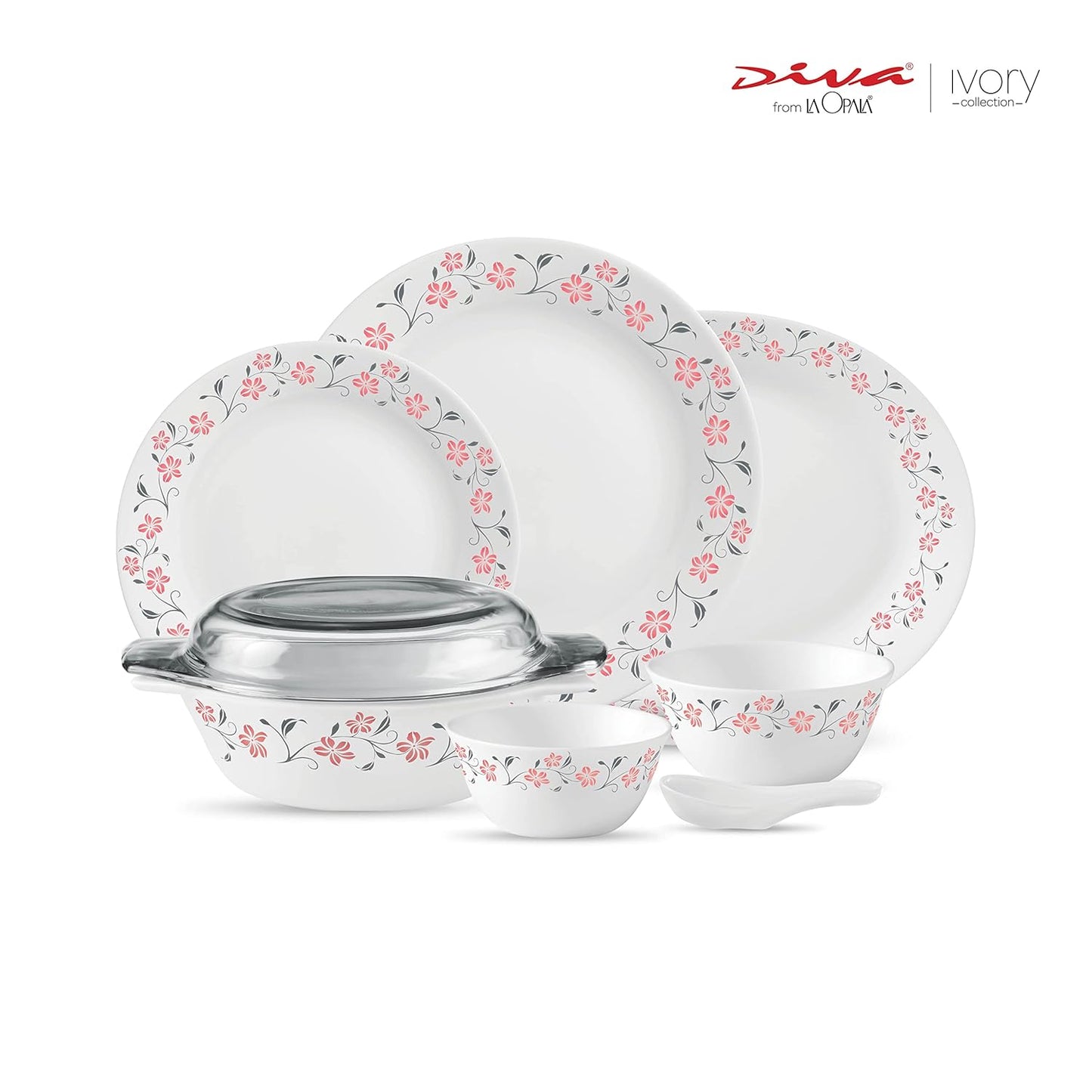 La Opala Diva, Ivory Collection, Opal Glass Dinner Set 35 pcs, Grace Red, White, Standard