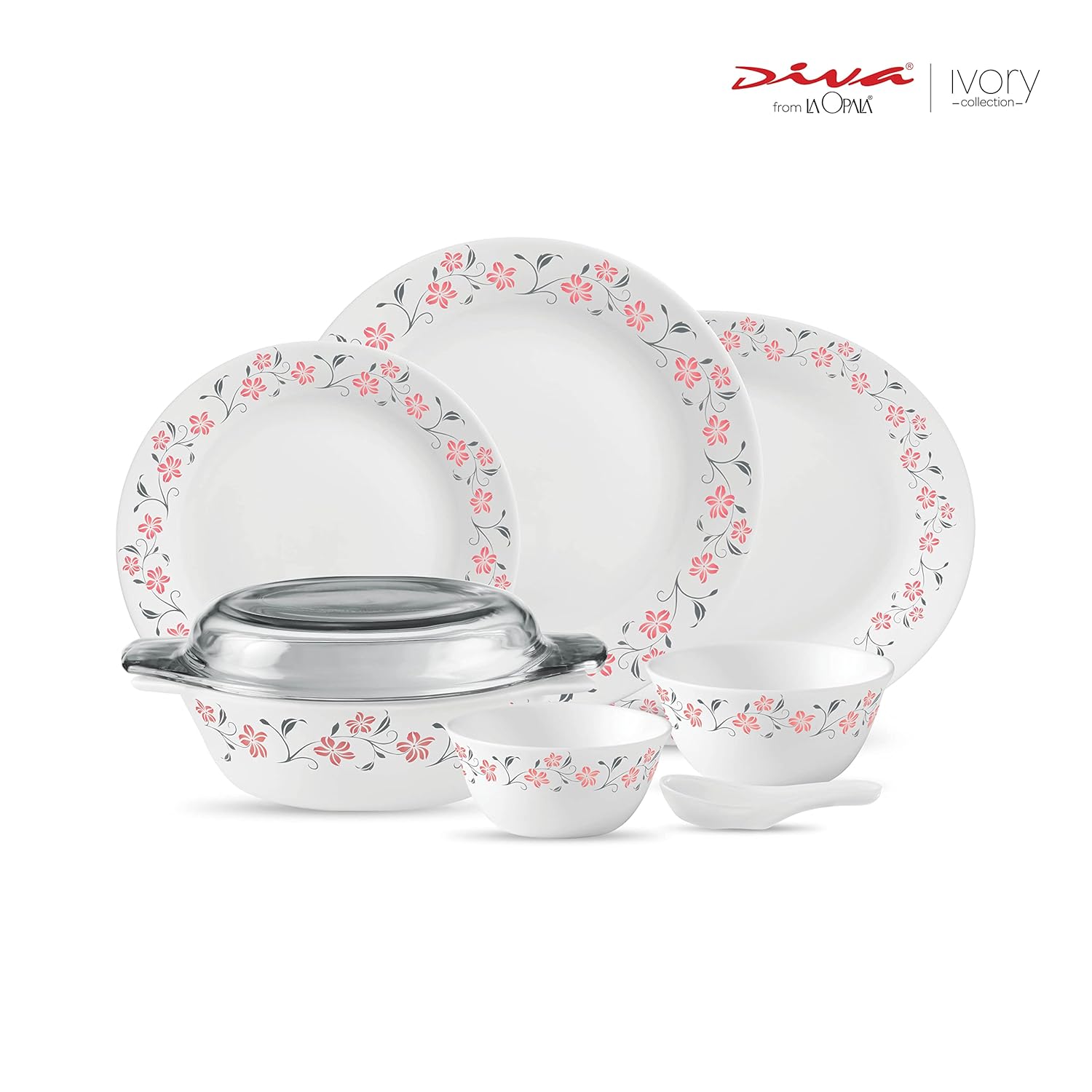 La Opala Diva, Ivory Collection, Opal Glass Dinner Set 35 pcs, Grace Red, White, Standard