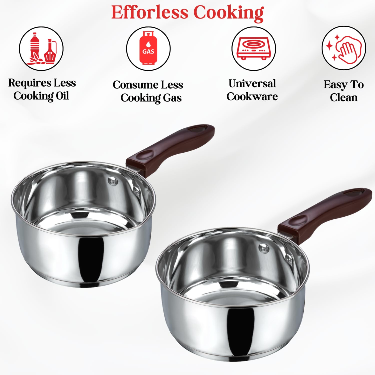 Vinod Stainless Steel Milkpan/Saucepan Set of 2-1 Litre and 1.6 Litre,Tea/Chai Pan,Riveted Sturdy Bakelite Handle,Induction and Gas Base 2 Year Warranty
