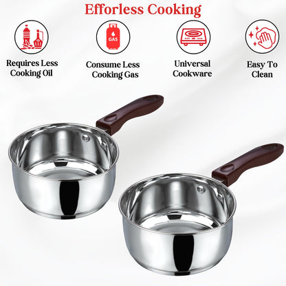 Vinod Stainless Steel Milkpan/Saucepan Set of 2-1 Litre and 1.6 Litre,Tea/Chai Pan,Riveted Sturdy Bakelite Handle,Induction and Gas Base 2 Year Warranty