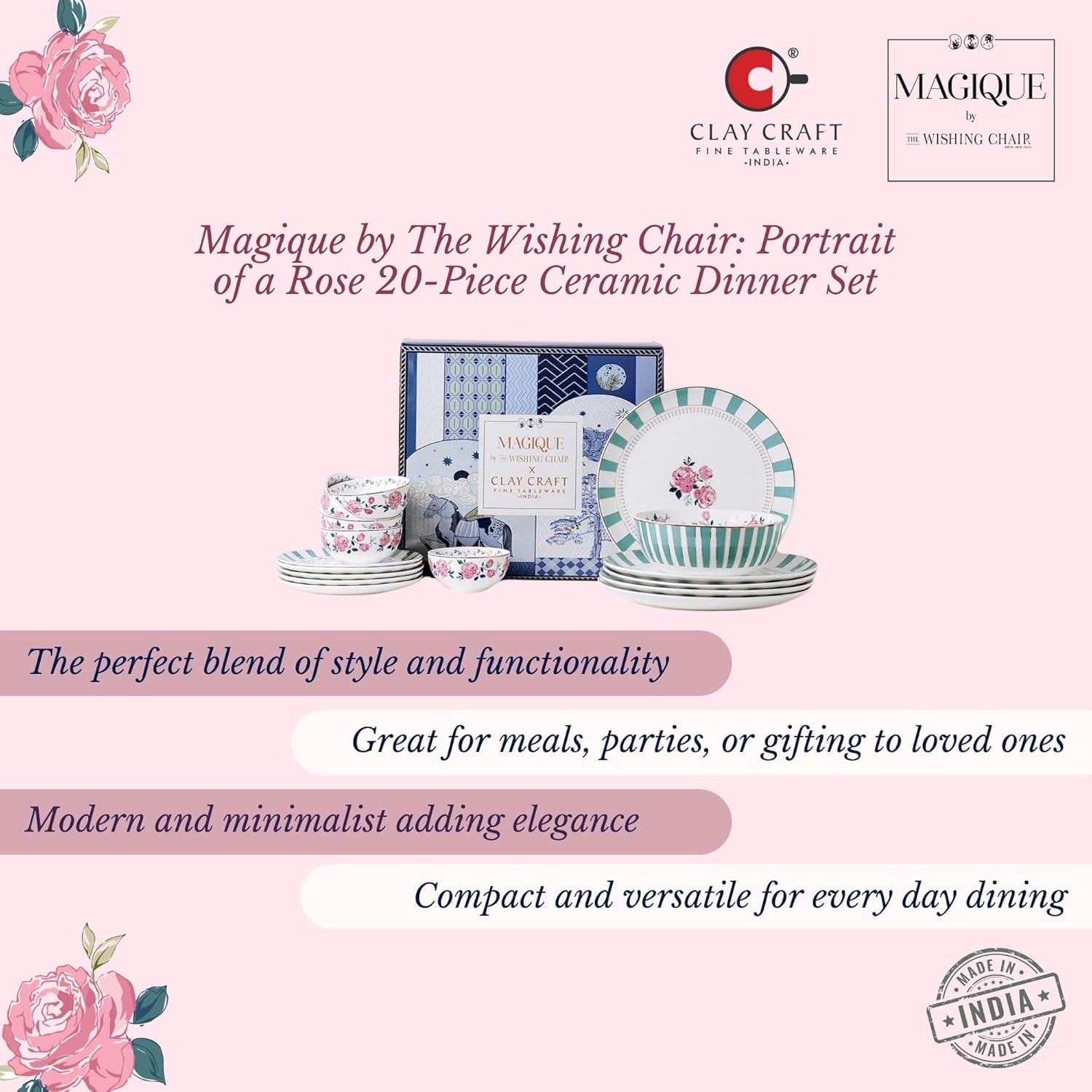 Magique by The Wishing Chair x ClayCraft : Portrait of a Rose 20-Piece Ceramic Dinner Set with Gold | Elegant Floral Plates & Bowls | Glossy Finish | Ideal for Parties & Festive Dining