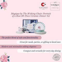 Magique by The Wishing Chair x ClayCraft : Portrait of a Rose 20-Piece Ceramic Dinner Set with Gold | Elegant Floral Plates & Bowls | Glossy Finish | Ideal for Parties & Festive Dining