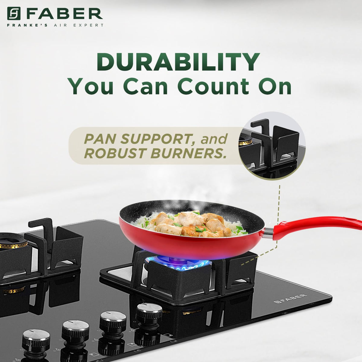 Faber 4 Burner HCT 90 cm Hob| Brass Burners| Bakelite Knobs| Cast Iron Pan Support| Hob/Cooktop Hybrid| Toughened Glass 