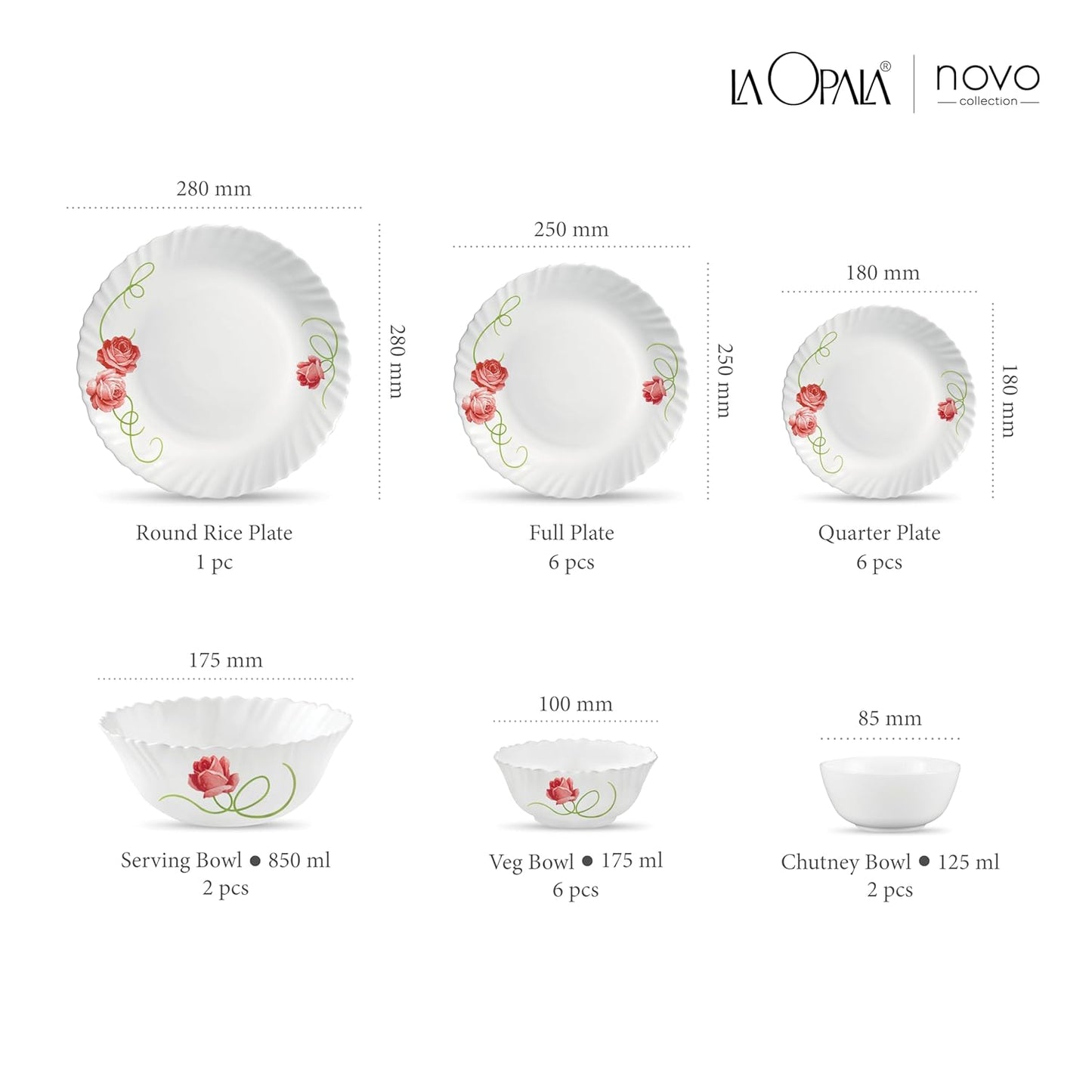 La Opala Novo Collection Opal Glass Crockery | for Family of 6 | Dinner Set 23 pcs Dainty Swirls | Plates & Bowls for Dining | Microwave Safe | 100% Vegetarian | Extra Strong | Light & White