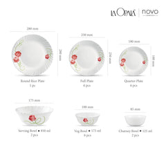 La Opala Novo Collection Opal Glass Crockery | for Family of 6 | Dinner Set 23 pcs Dainty Swirls | Plates & Bowls for Dining | Microwave Safe | 100% Vegetarian | Extra Strong | Light & White