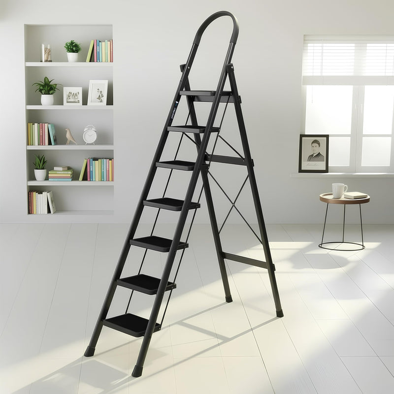Plantex Ladder for Home 5 Steps/Foldable Ladder with Anti-Skid Wide Steps (30L x 20W cm)/Strong D-Shape Pipe with X-Support for More Stability/5 Year Warranty(Apex-Black)